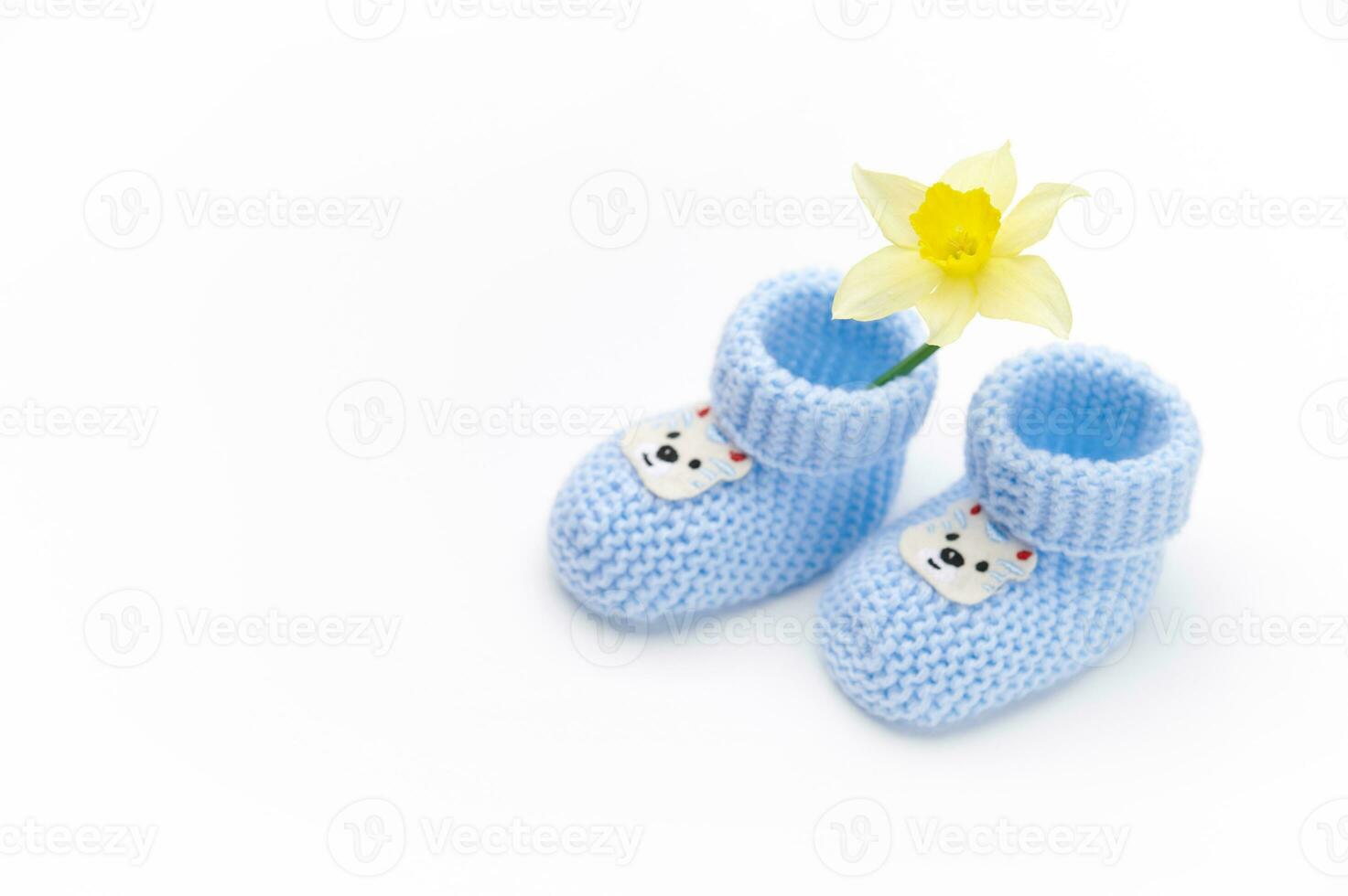 Top view of pair of blue knitted baby booties and yellow daffodil flower, isolated on white background. Newborn clothing photo