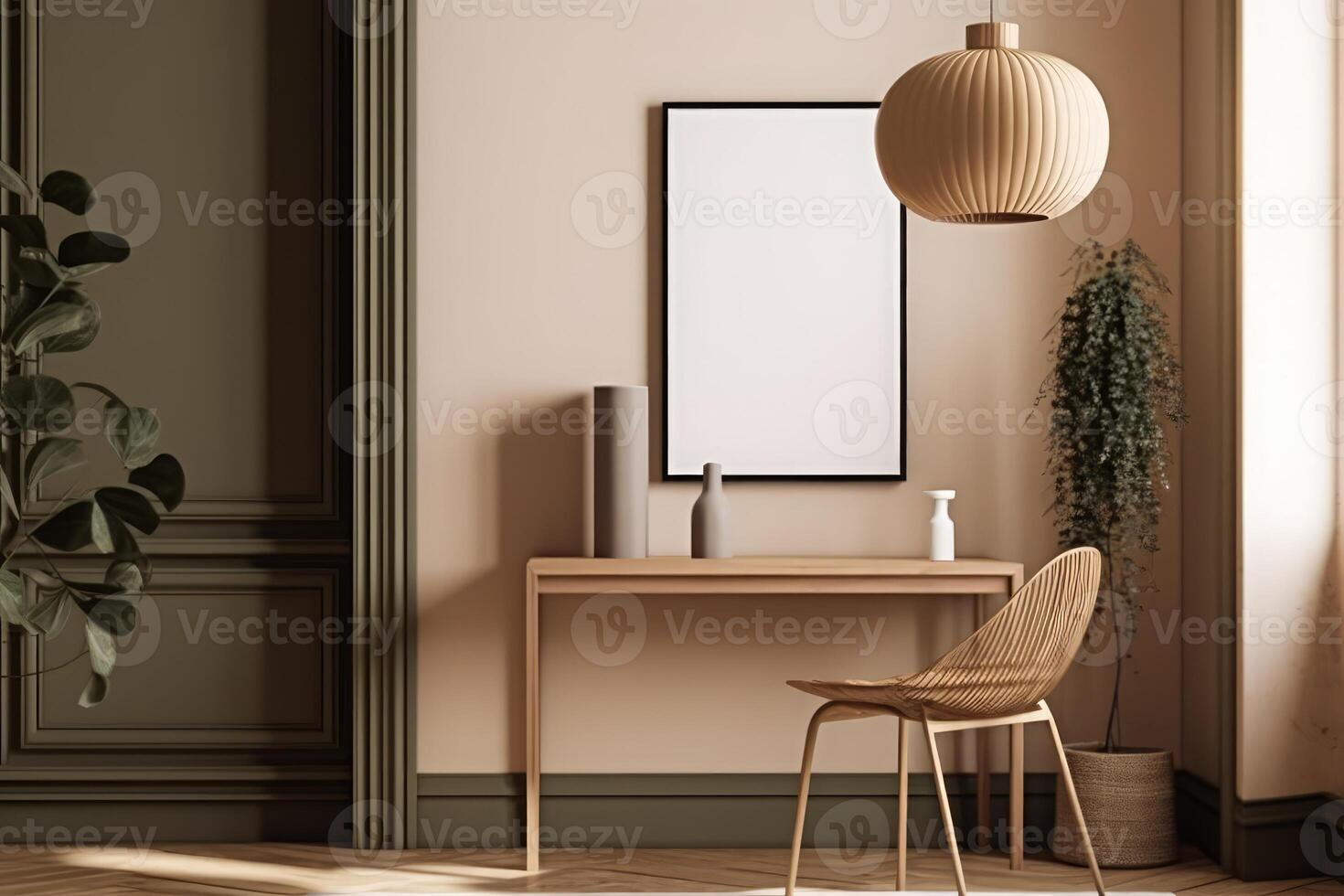 Poster frame mockup in modern home interior background . photo