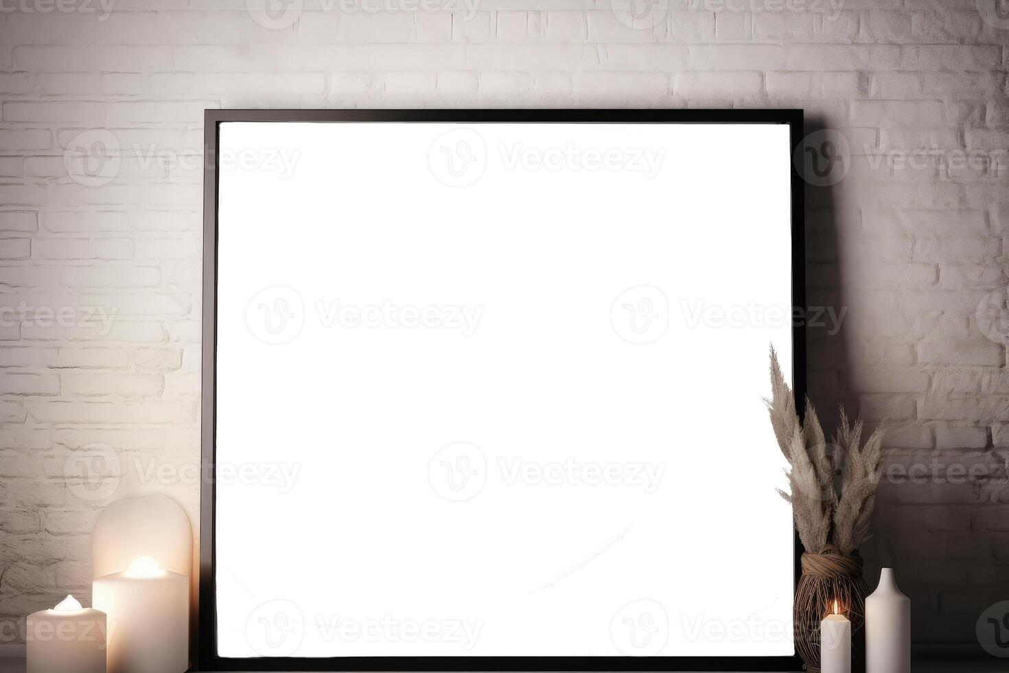 fancy modern Christmas mockup with farmhouse flair, empty blank white wooden picture frame . photo