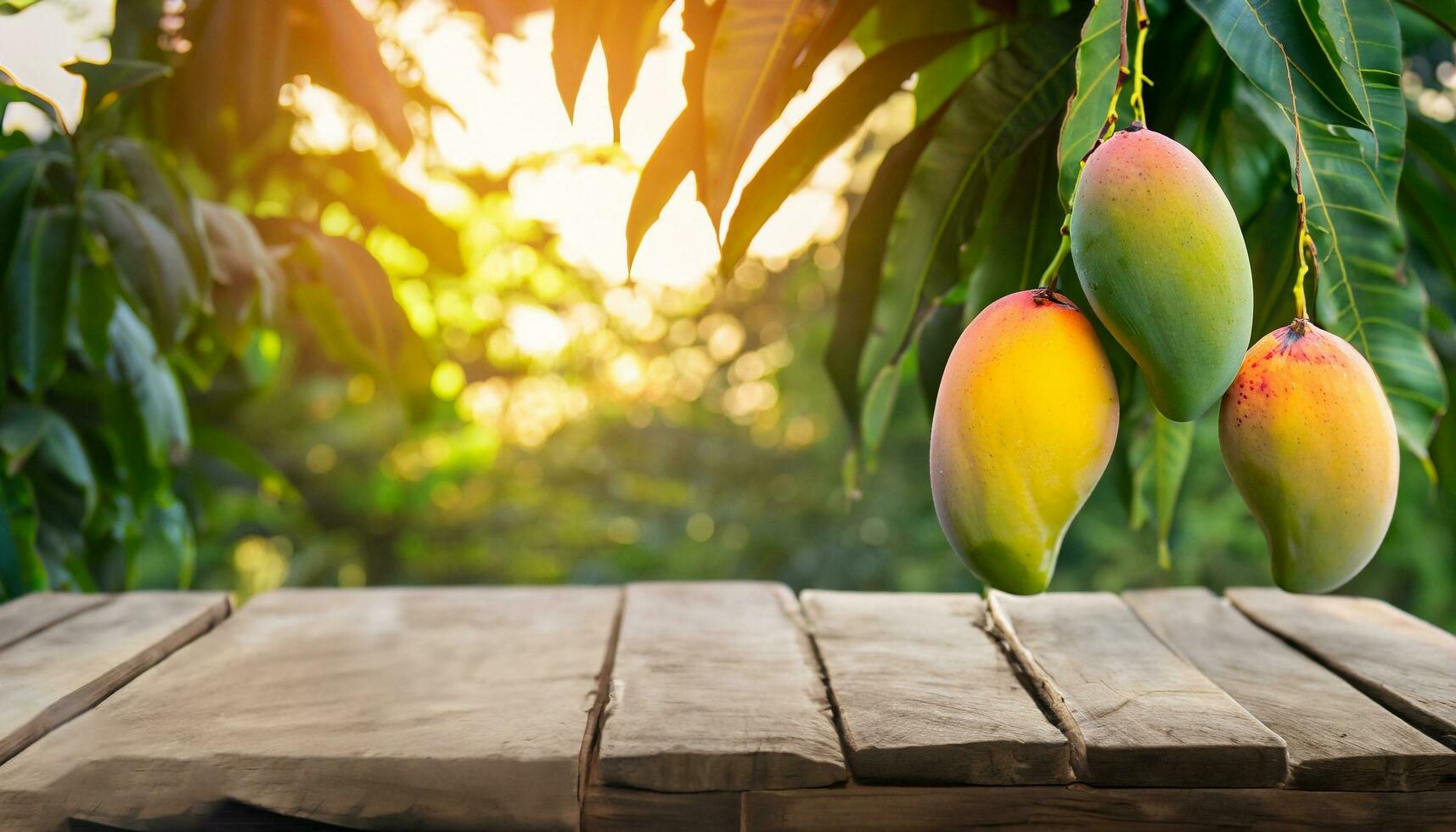 mango Fruta colgando en un árbol con un rústico de madera mesa foto