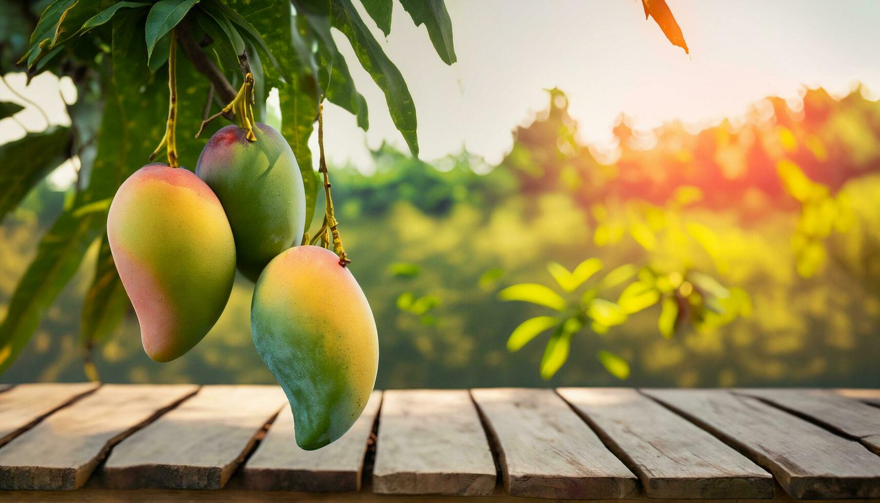 Mango fruit hanging on a tree with a rustic wooden table photo