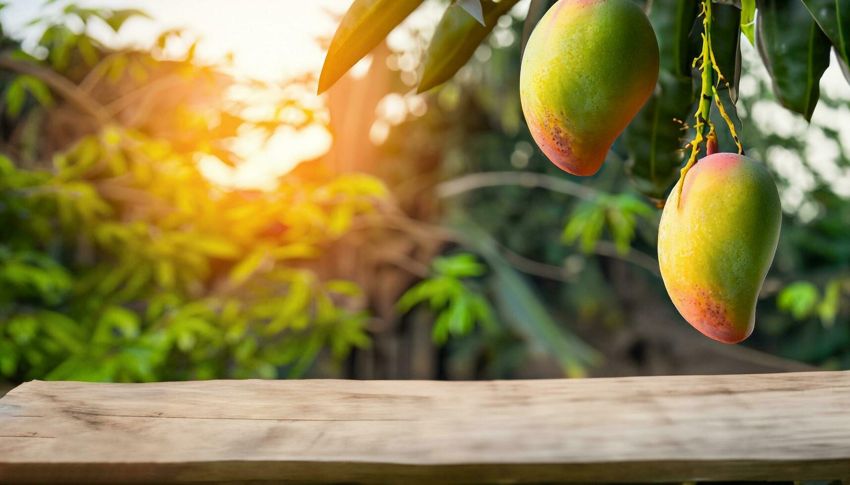Mango fruit hanging on a tree with a rustic wooden table photo
