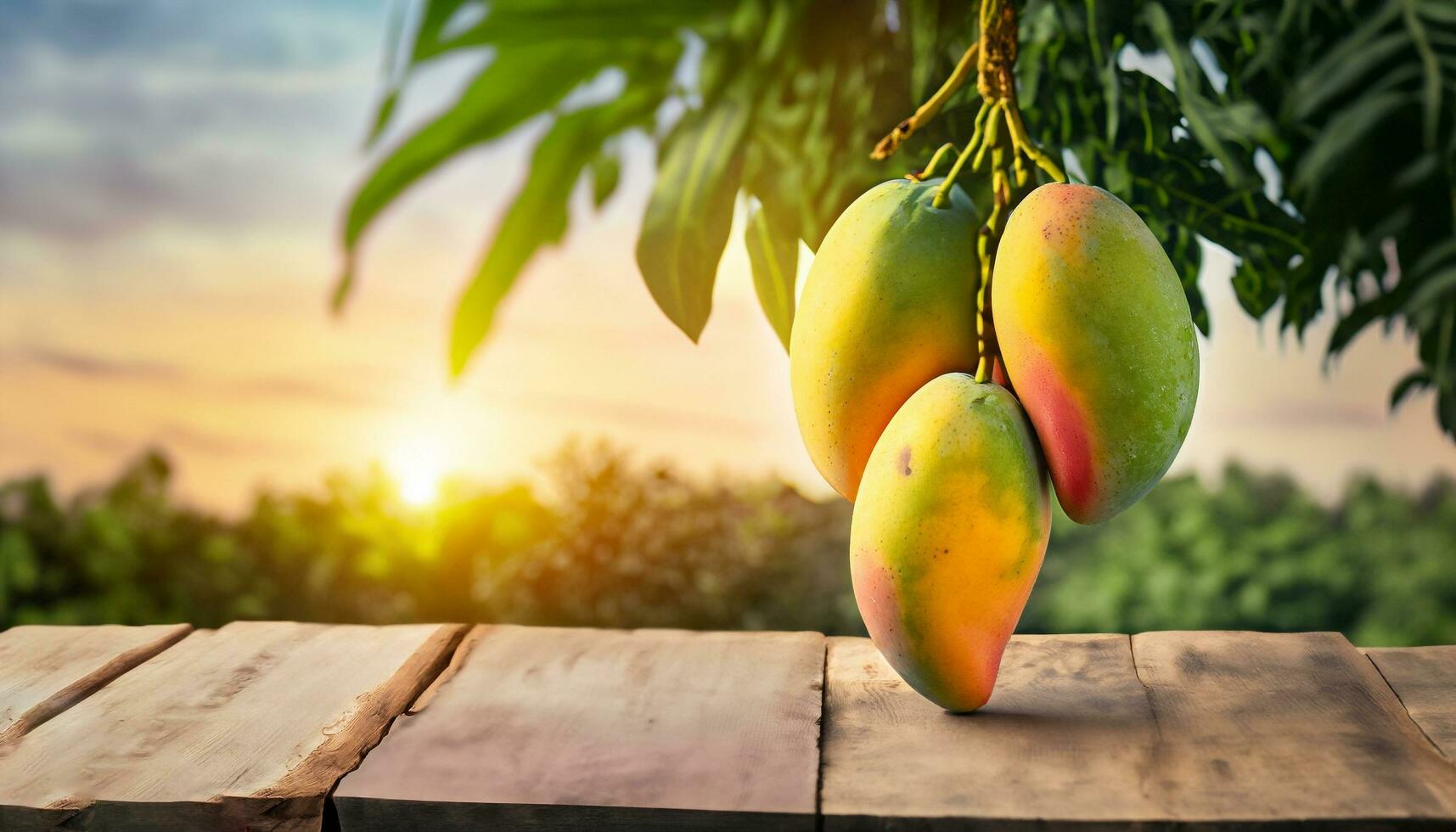 Mango fruit hanging on a tree with a rustic wooden table photo