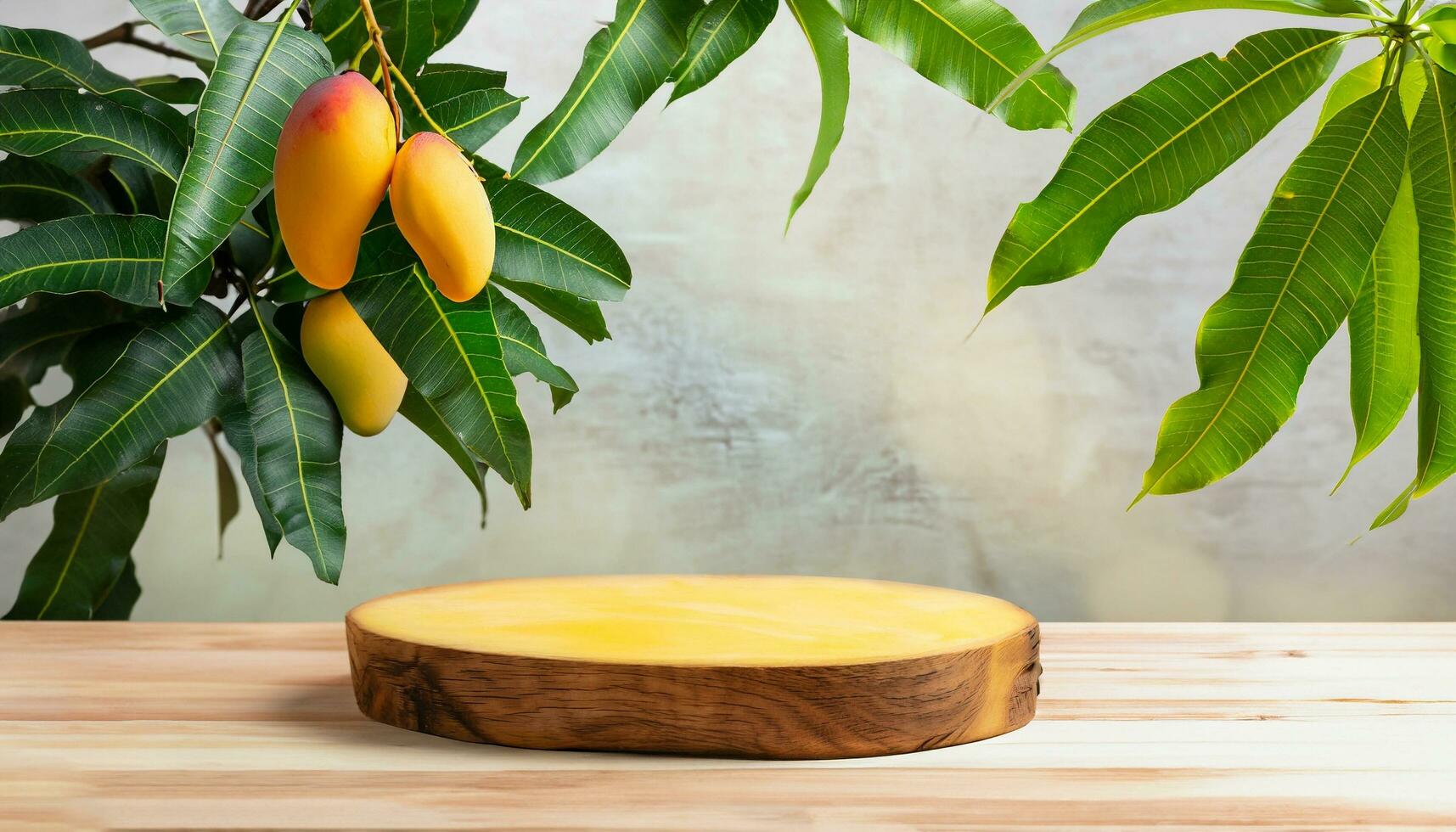 Mango fruit hanging on a tree with a rustic wooden table photo