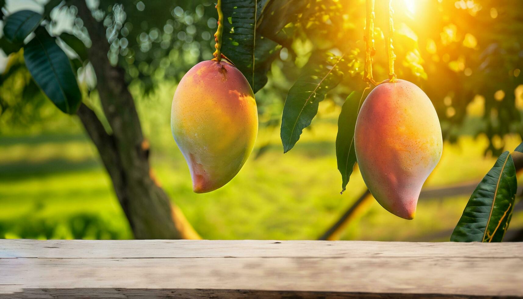 Mango fruit hanging on a tree with a rustic wooden table photo