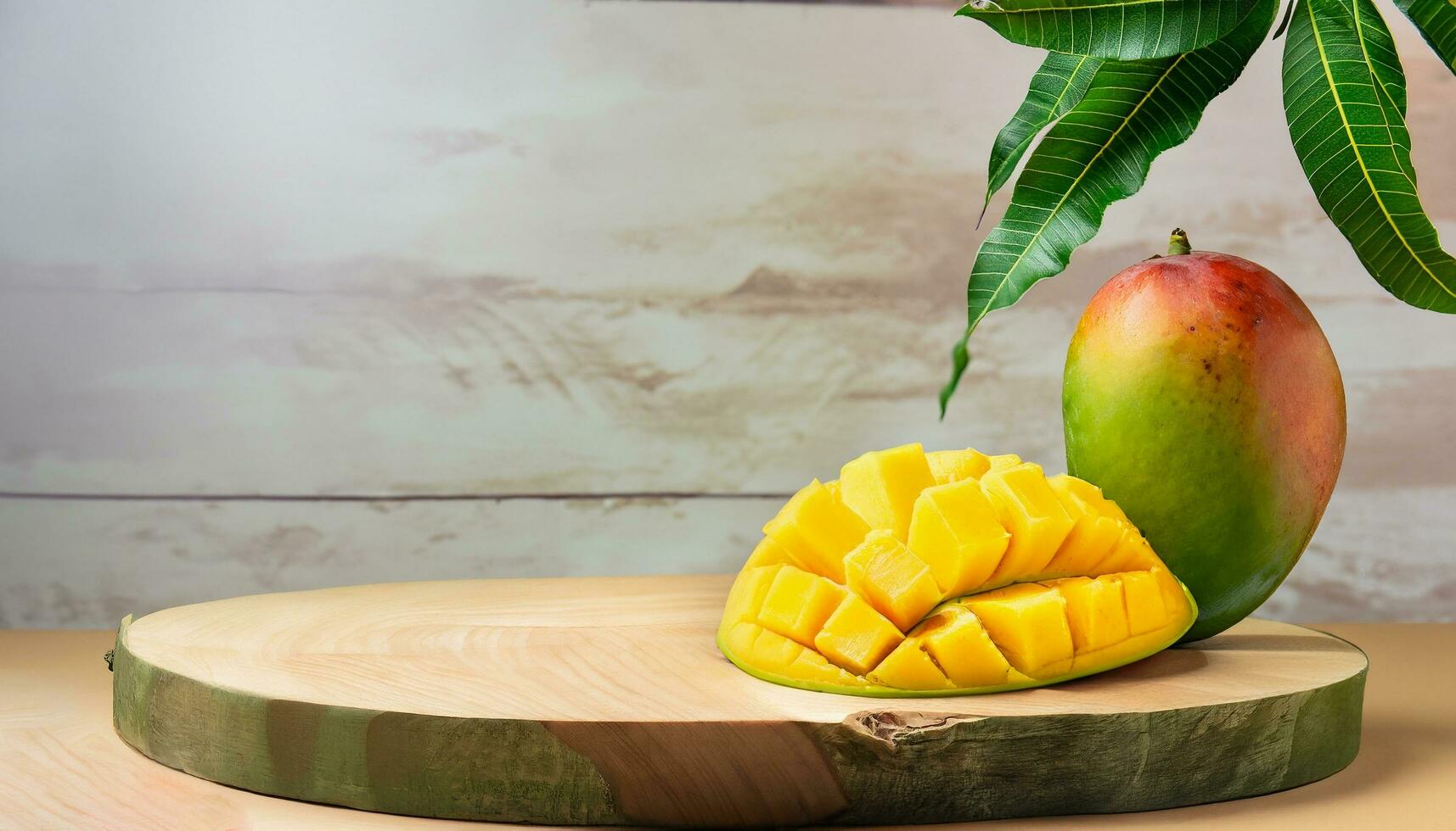 Mango fruit hanging on a tree with a rustic wooden table photo