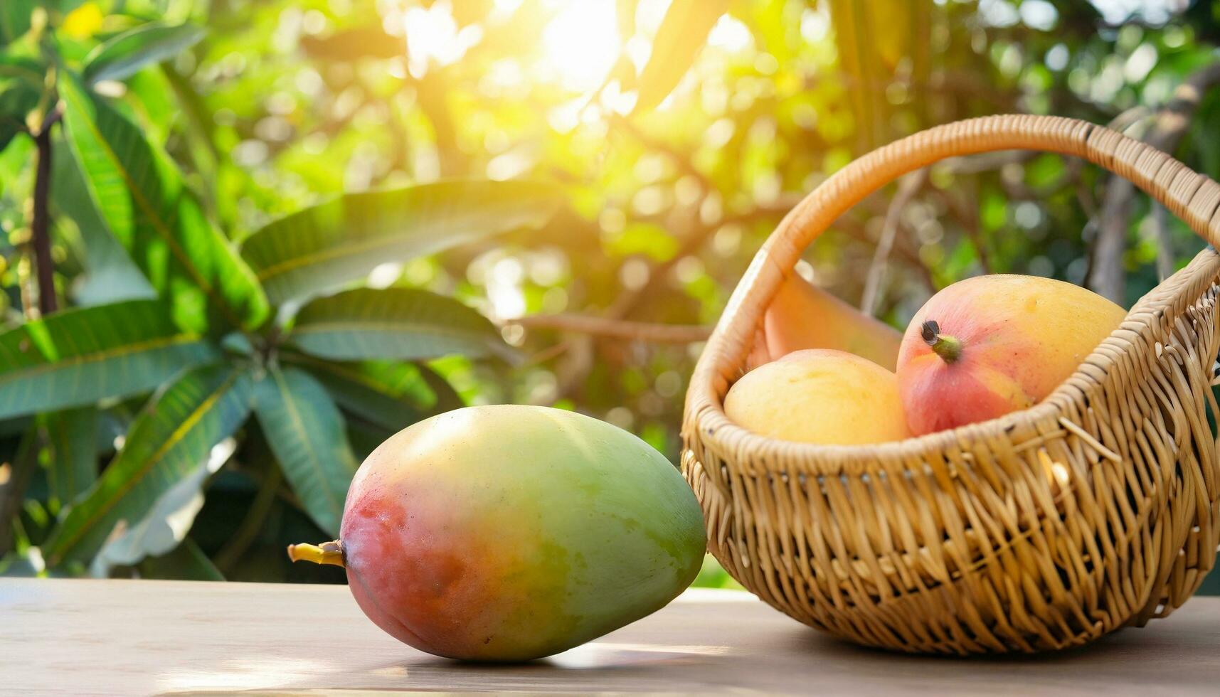 Mango fruit hanging on a tree with a rustic wooden table photo