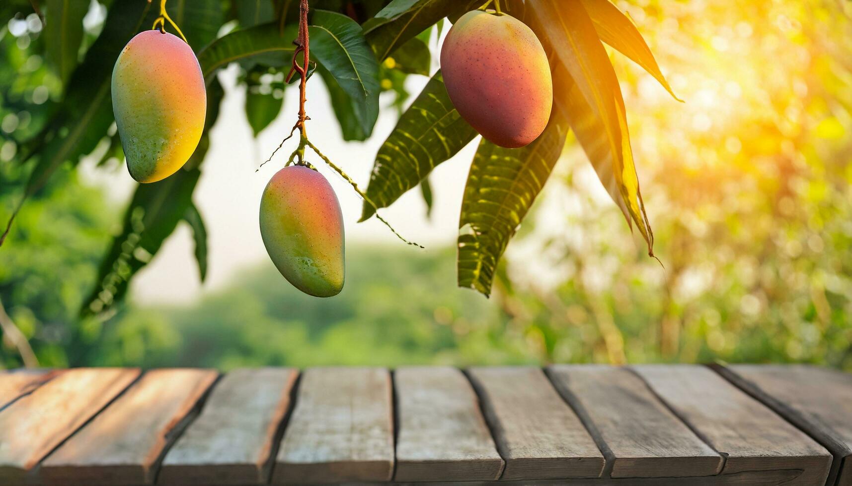 mango Fruta colgando en un árbol con un rústico de madera mesa foto