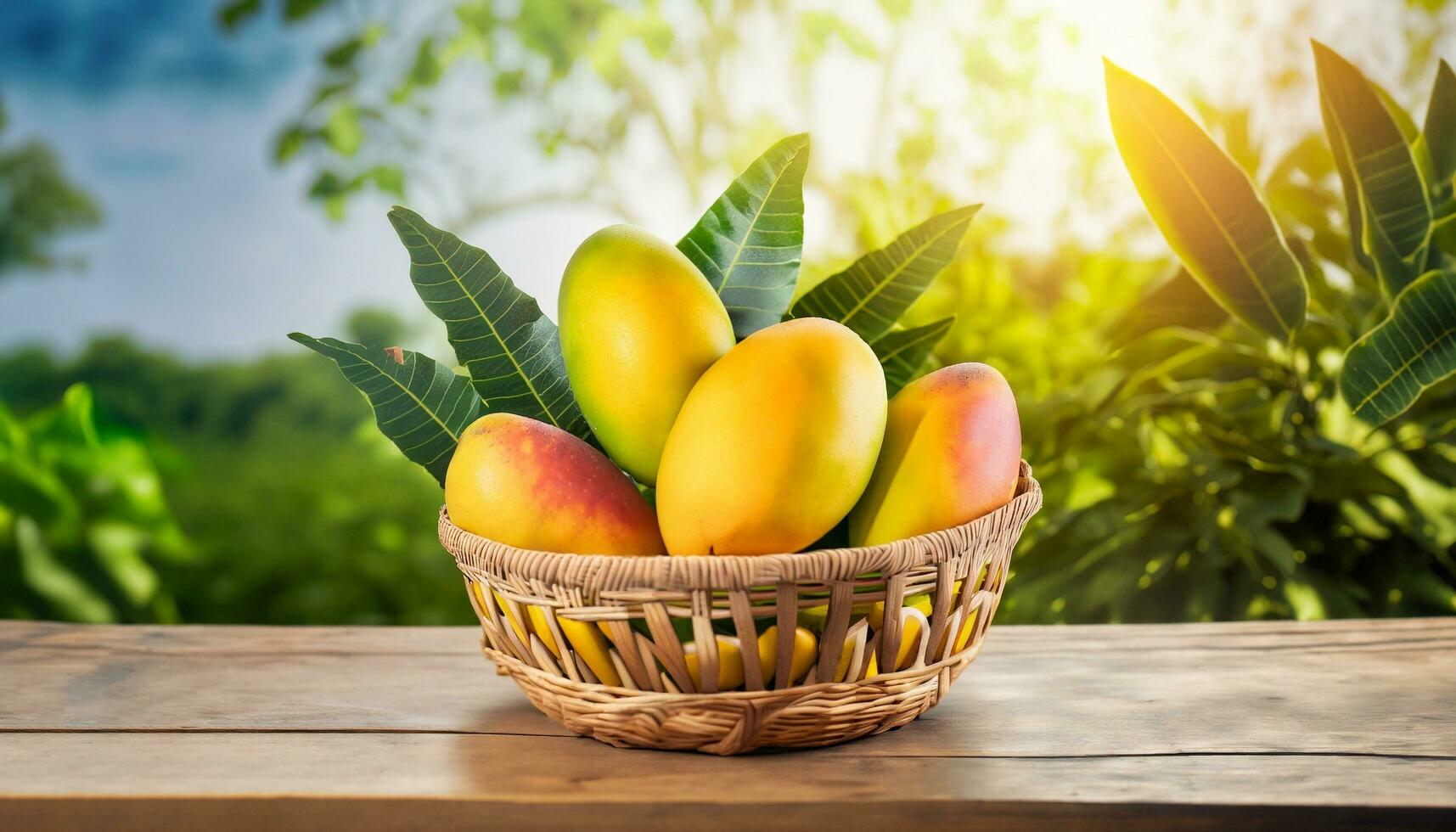 Mango fruit hanging on a tree with a rustic wooden table photo