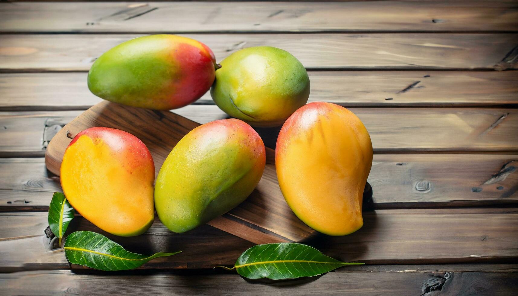 Mango fruit hanging on a tree with a rustic wooden table photo