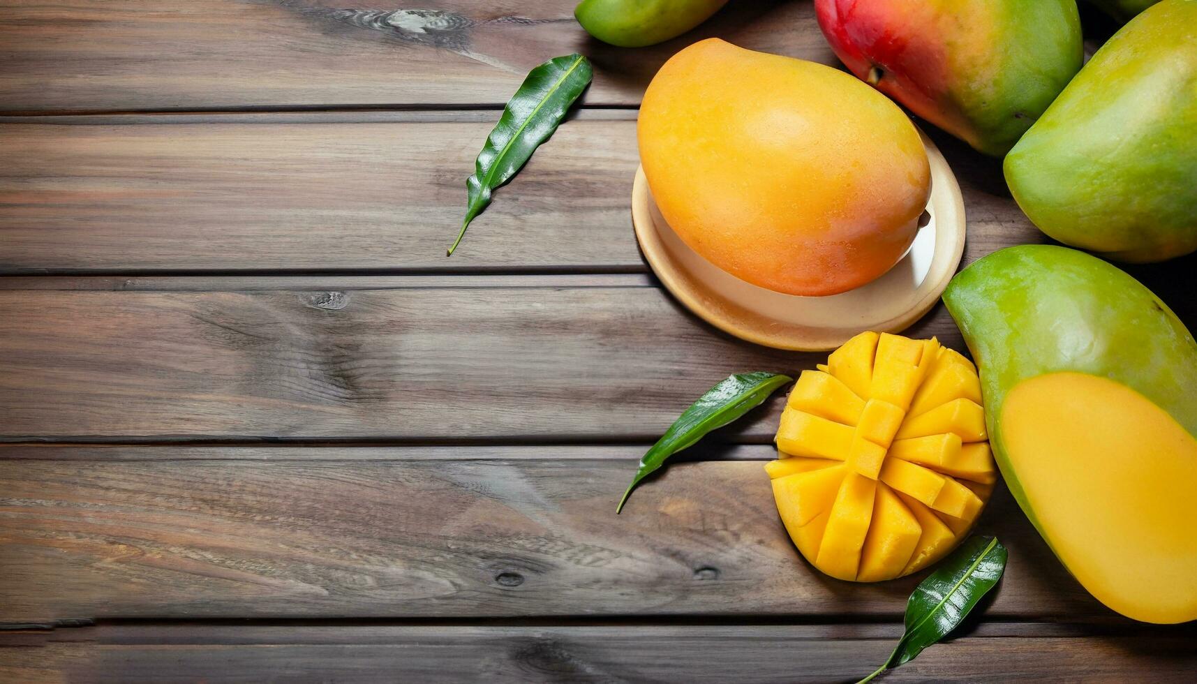 Mango fruit hanging on a tree with a rustic wooden table photo