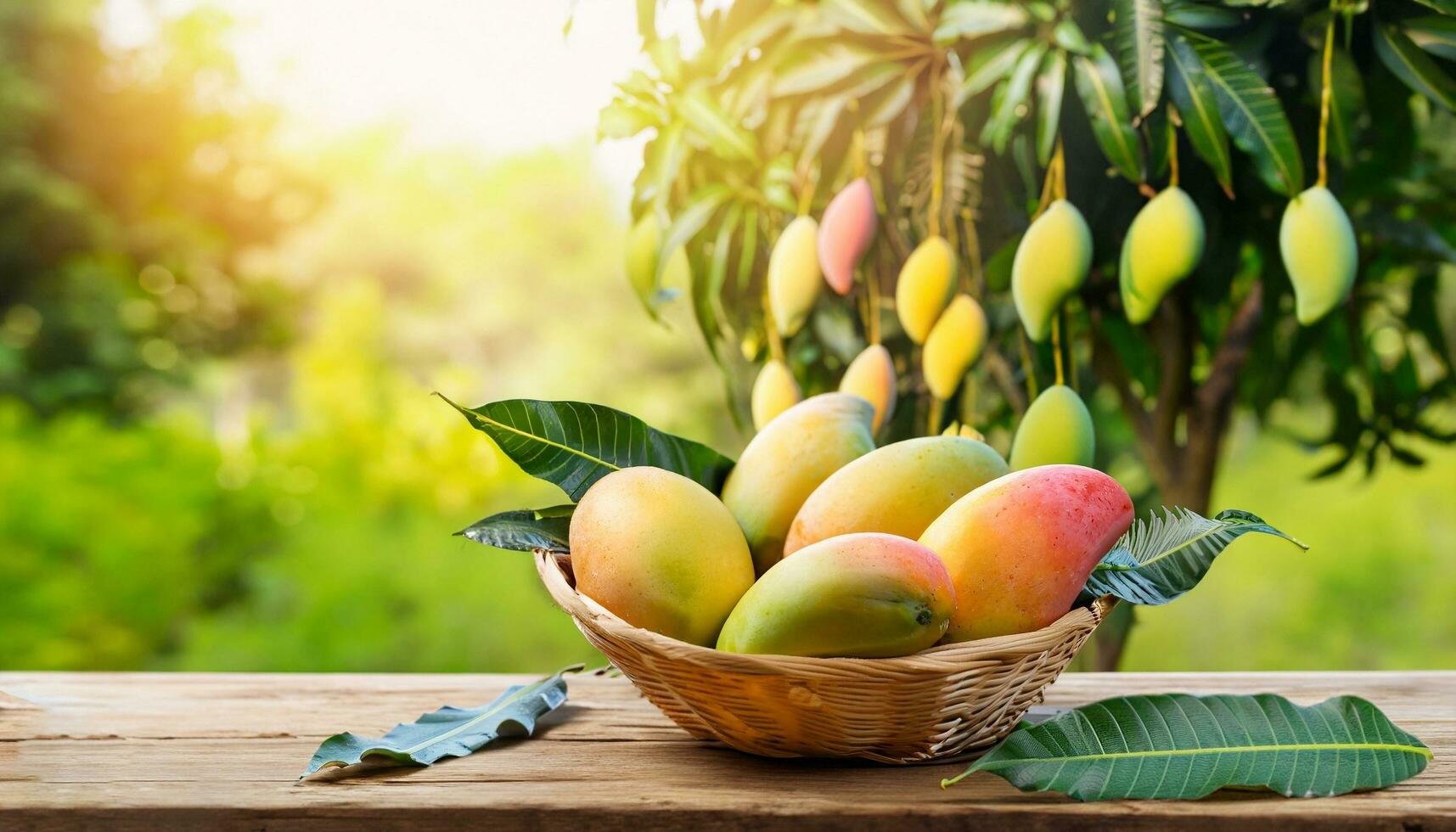 mango Fruta colgando en un árbol con un rústico de madera mesa foto