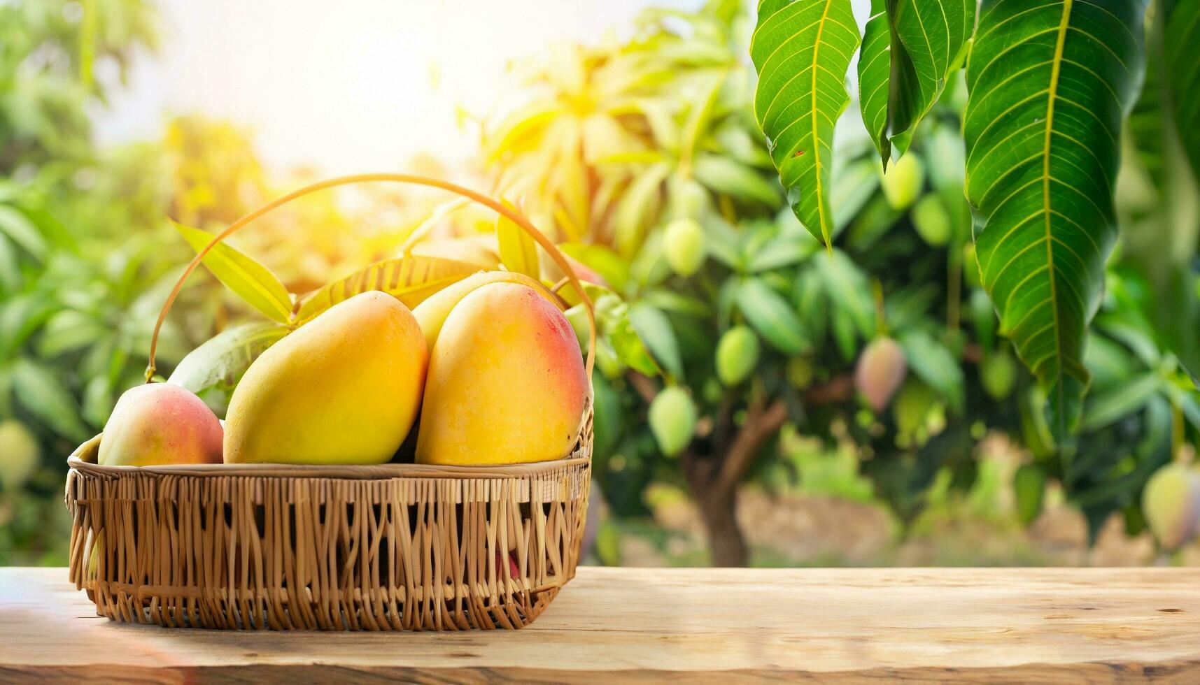 Mango fruit hanging on a tree with a rustic wooden table photo