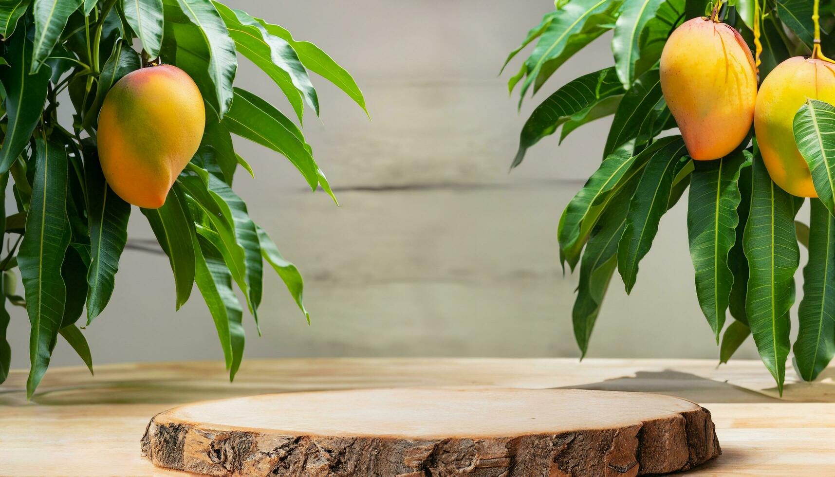 Mango fruit hanging on a tree with a rustic wooden table photo