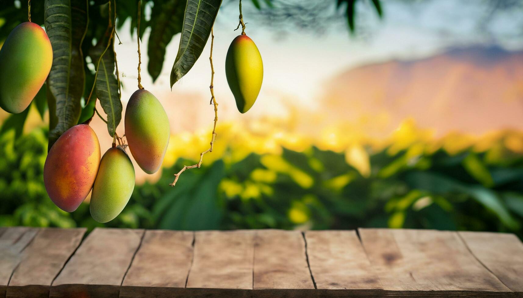 Mango fruit hanging on a tree with a rustic wooden table photo