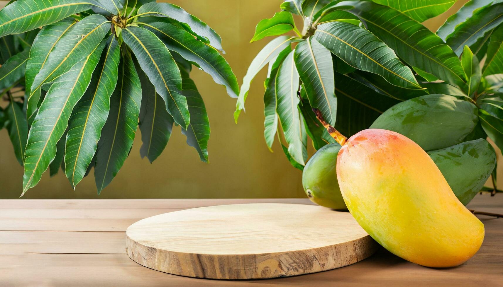 Mango fruit hanging on a tree with a rustic wooden table photo