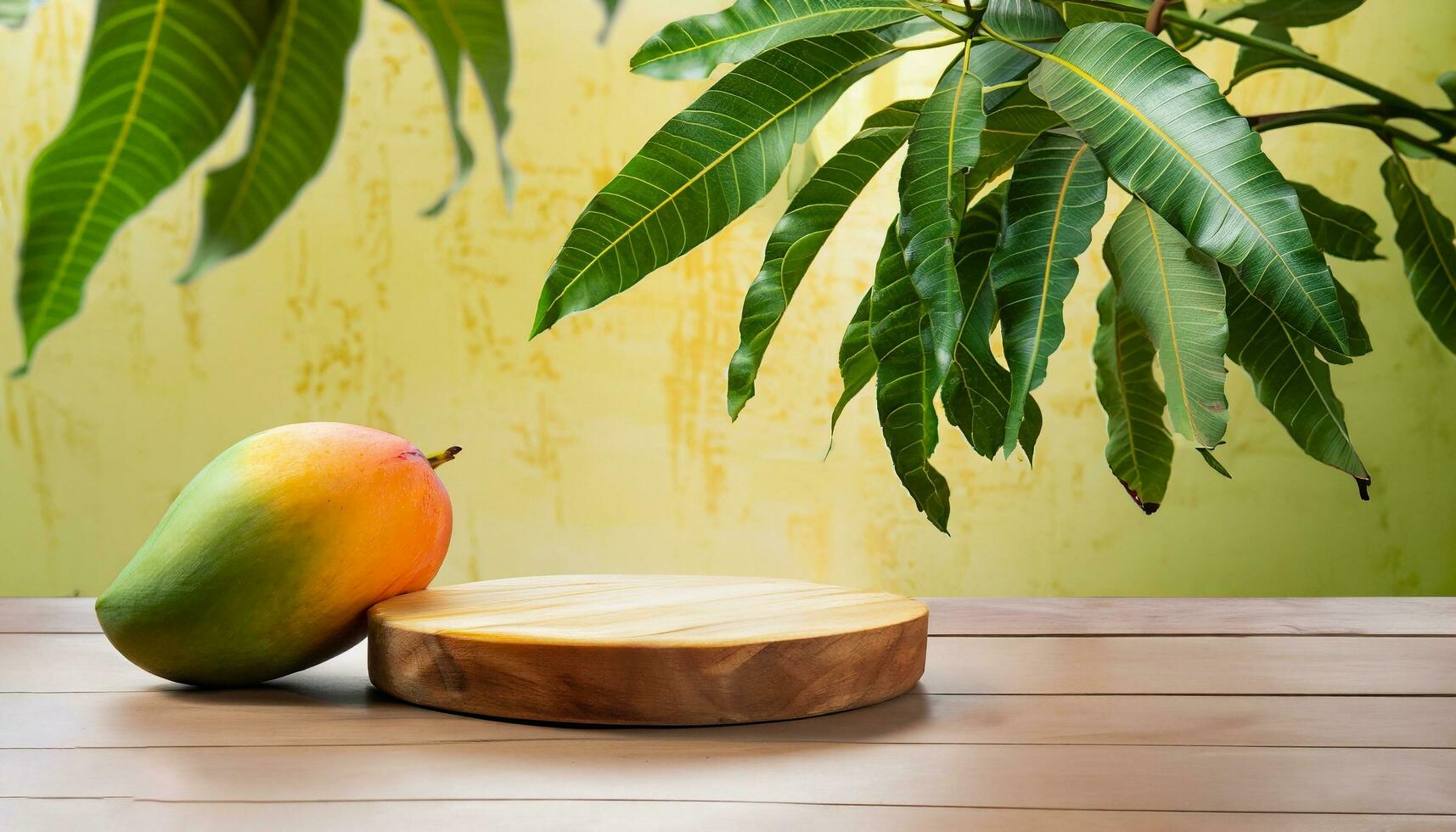 Mango fruit hanging on a tree with a rustic wooden table photo