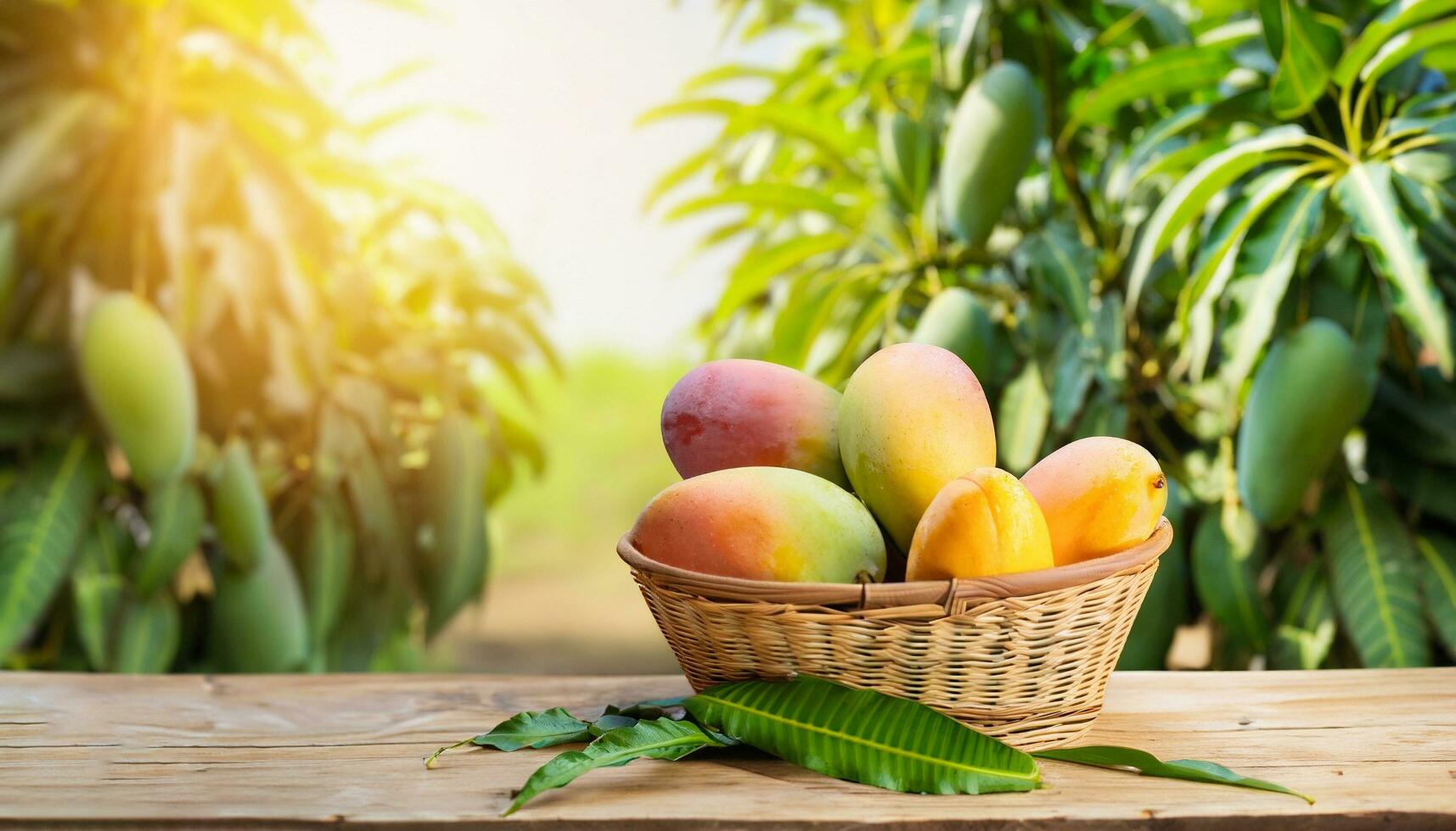 Mango fruit hanging on a tree with a rustic wooden table photo