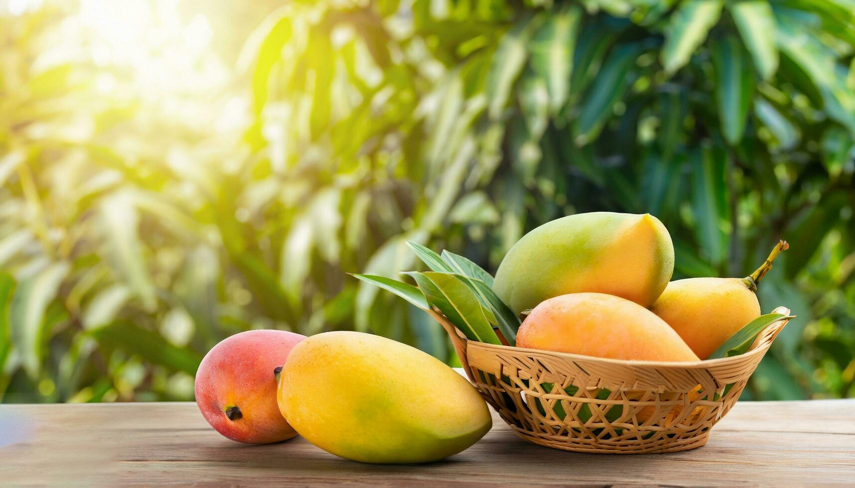 Mango fruit hanging on a tree with a rustic wooden table photo