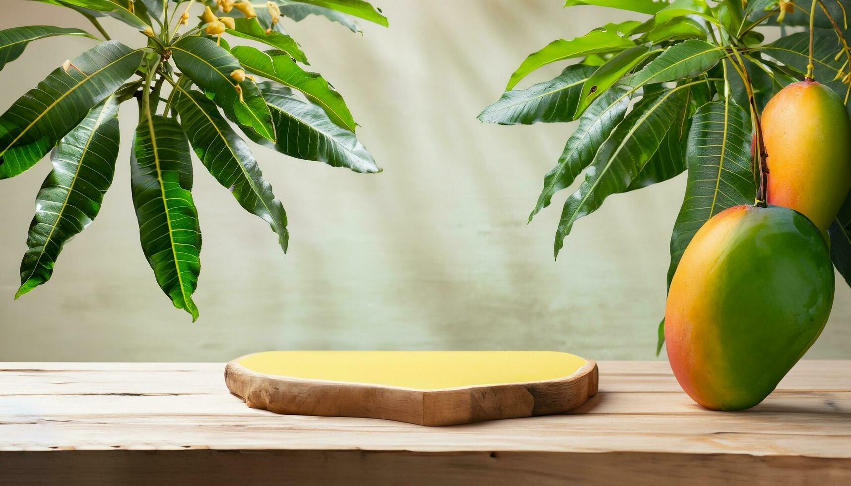 Mango fruit hanging on a tree with a rustic wooden table photo