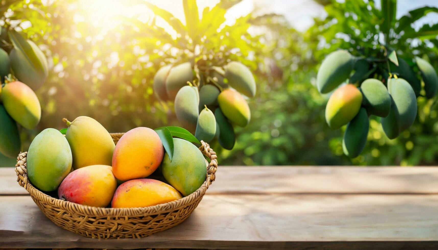 Mango fruit hanging on a tree with a rustic wooden table photo