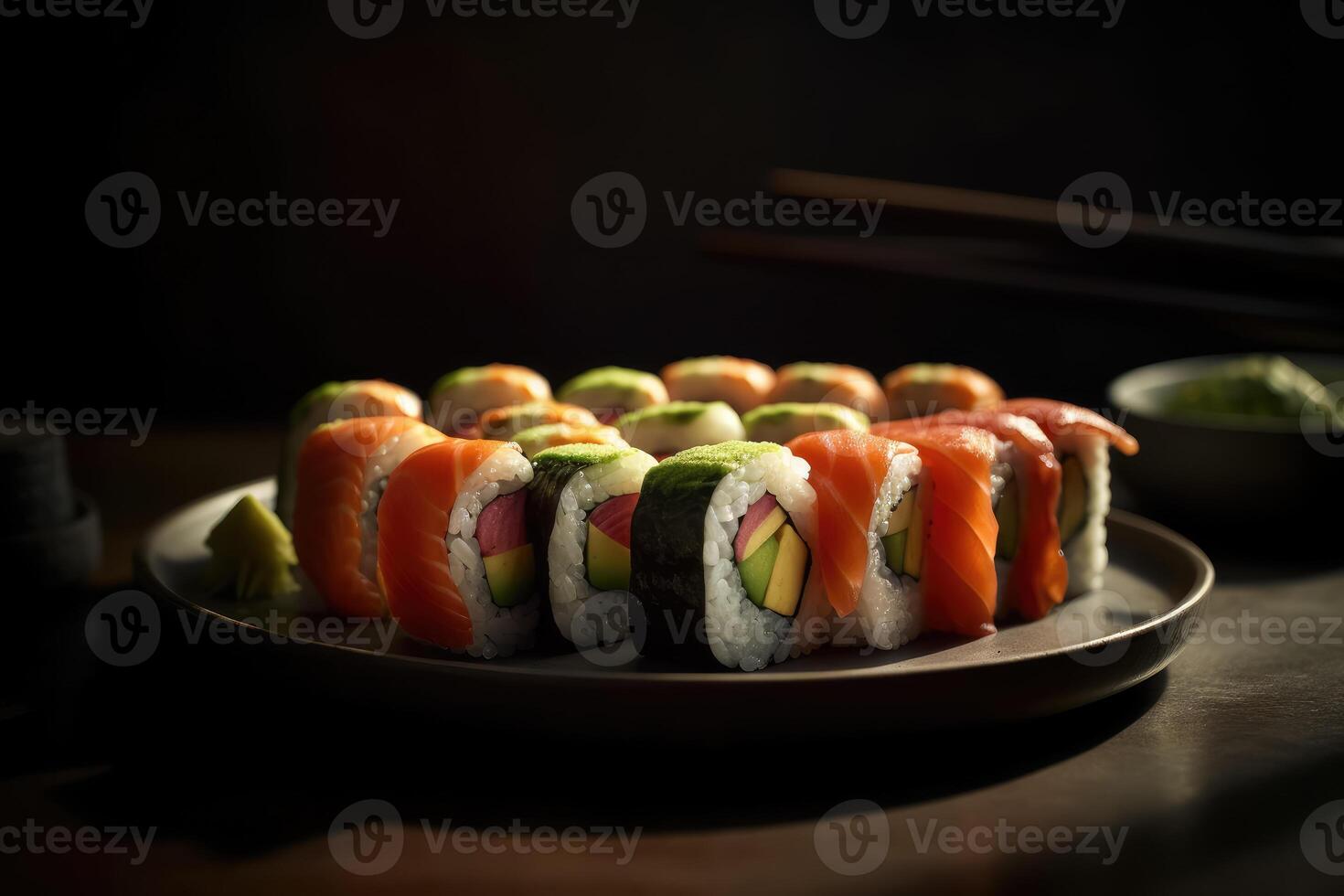 Macro food photography. Plate of sushi rolls. photo