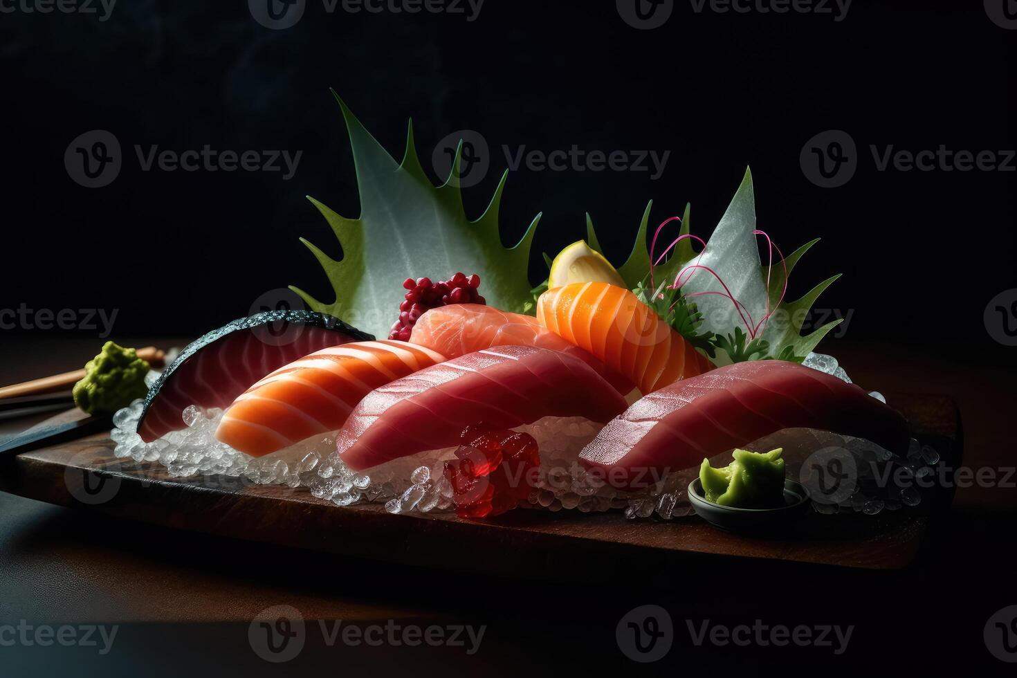 Japanese cuisine. Platter of perfectly sliced sashimi. photo