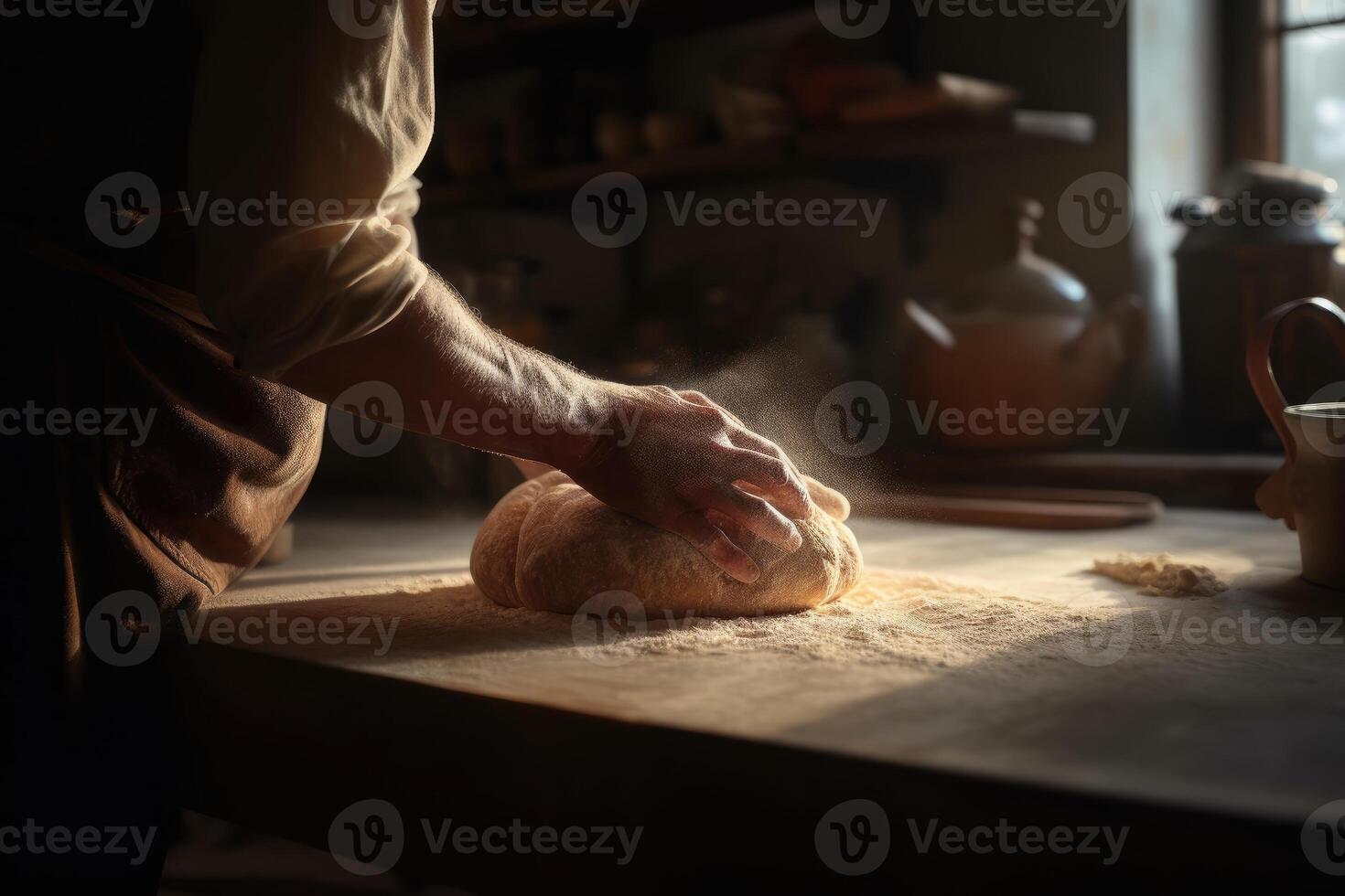 Baker kneads dough on a flour-covered table. photo