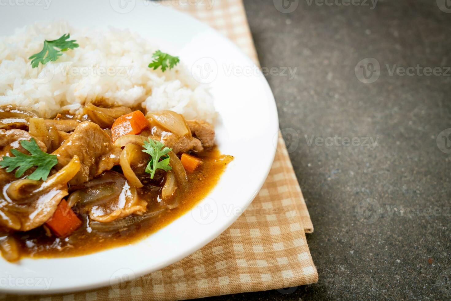 Japanese curry rice with sliced pork, carrot and onions photo