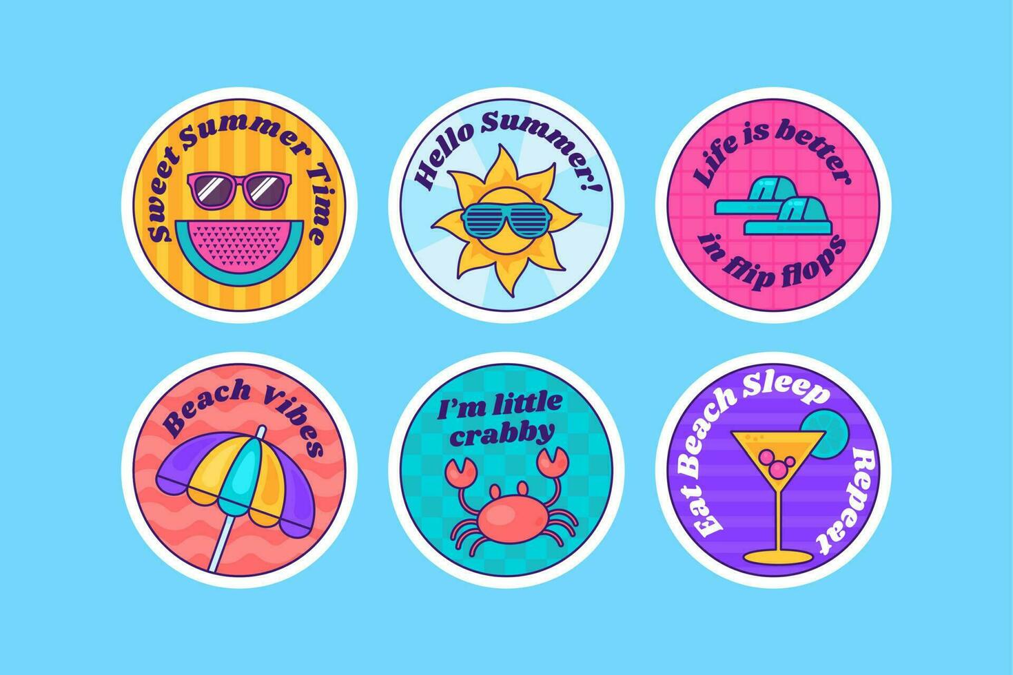 Cartoon Round Summer Sticker Stickers Collection vector