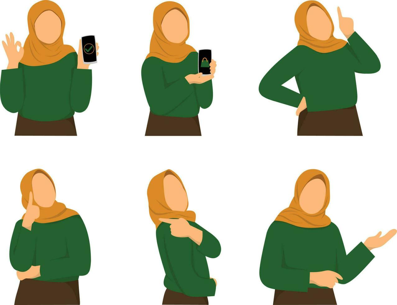 Hijab woman in different poses and gestures. Vector illustration.