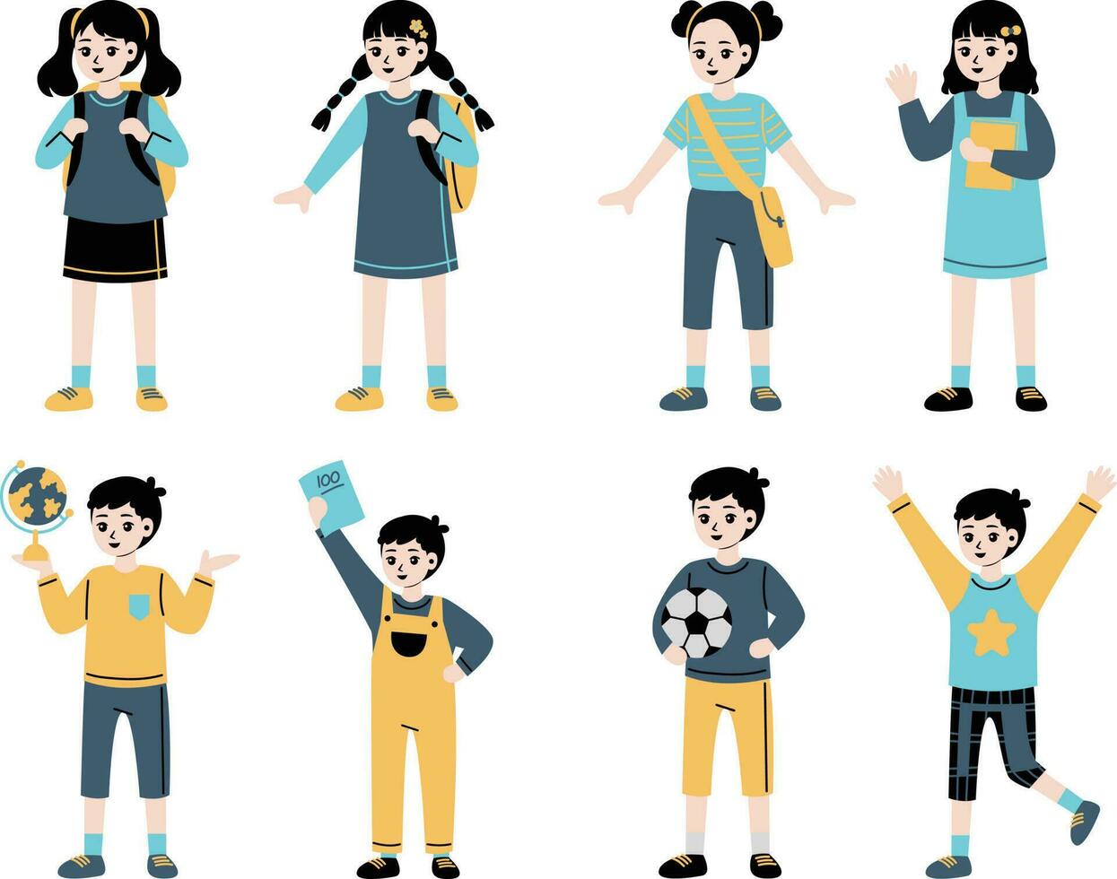 conjunto de colegio niños, Niños y muchachas en uniforme. vector ilustración