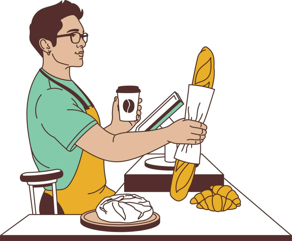 hombre con un pan y café en mesa avatar personaje vector ilustración diseño