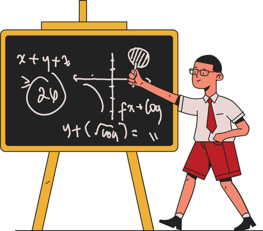 Student with pointer standing near blackboard. Back to school. Flat vector illustration.