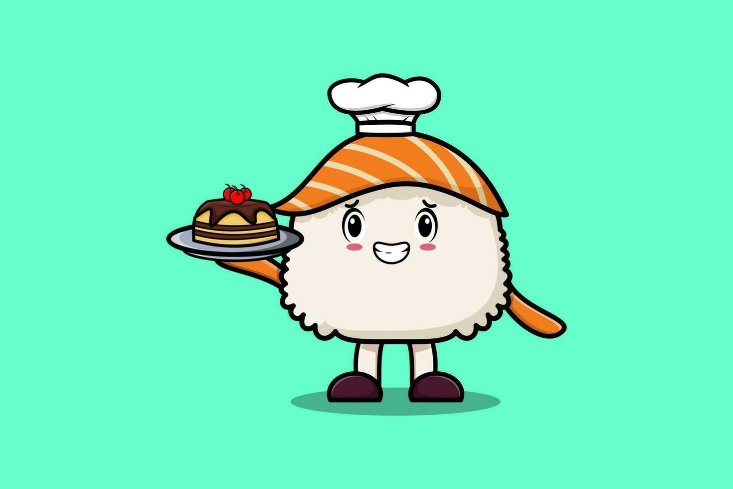 Cartoon chef Sushi character serving cake on tray vector