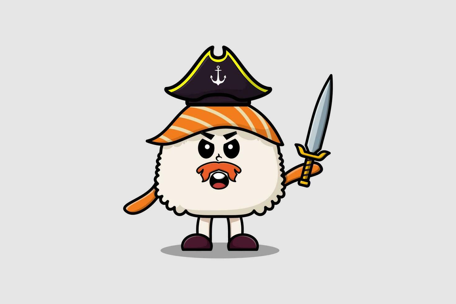 Cartoon Sushi pirate with hat and holding sword vector