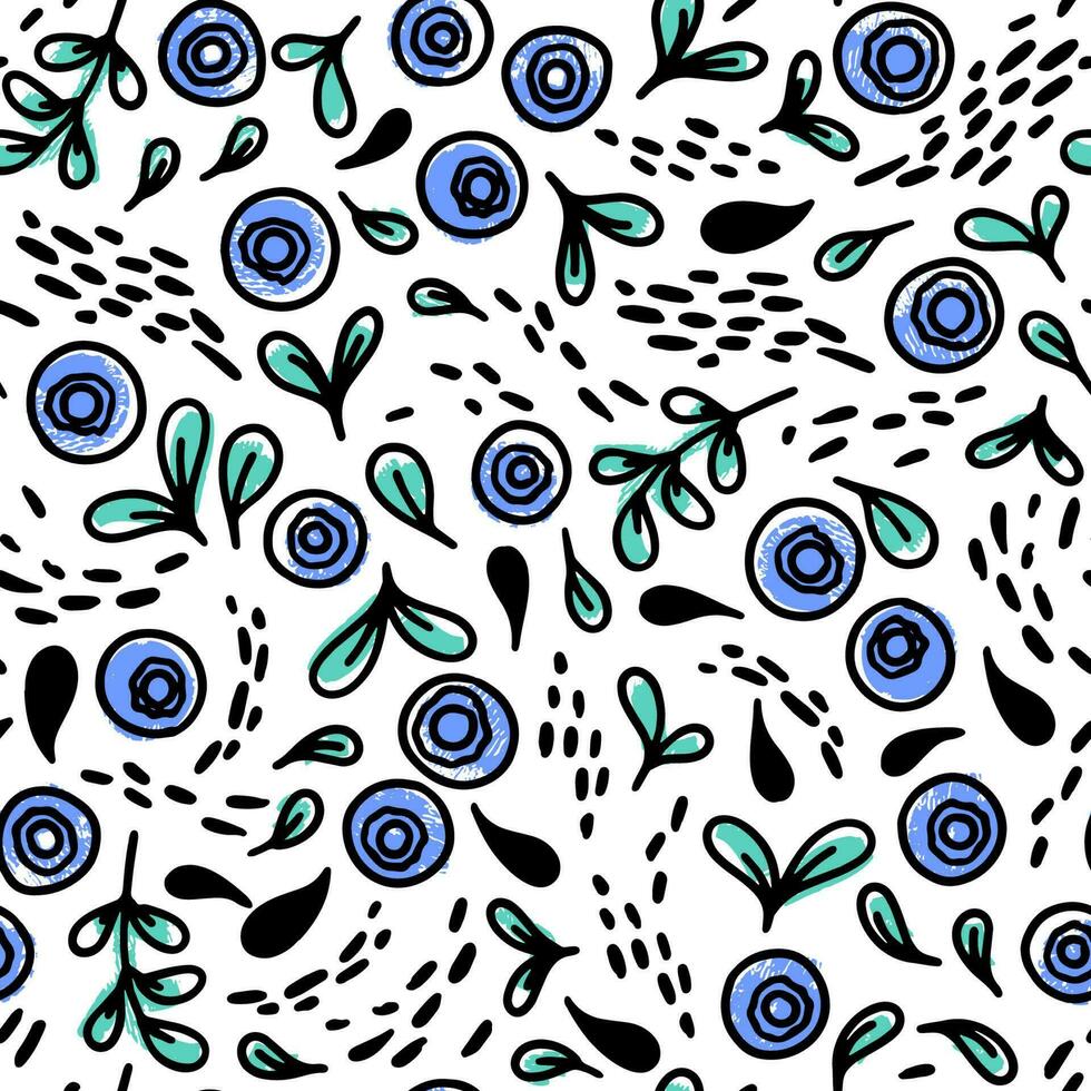 Vector seamless pattern with hand drawn colorful blueberries on white background. Design for wallpaper, background, print, textile design, notebooks, phone cases, packaging paper, and more.