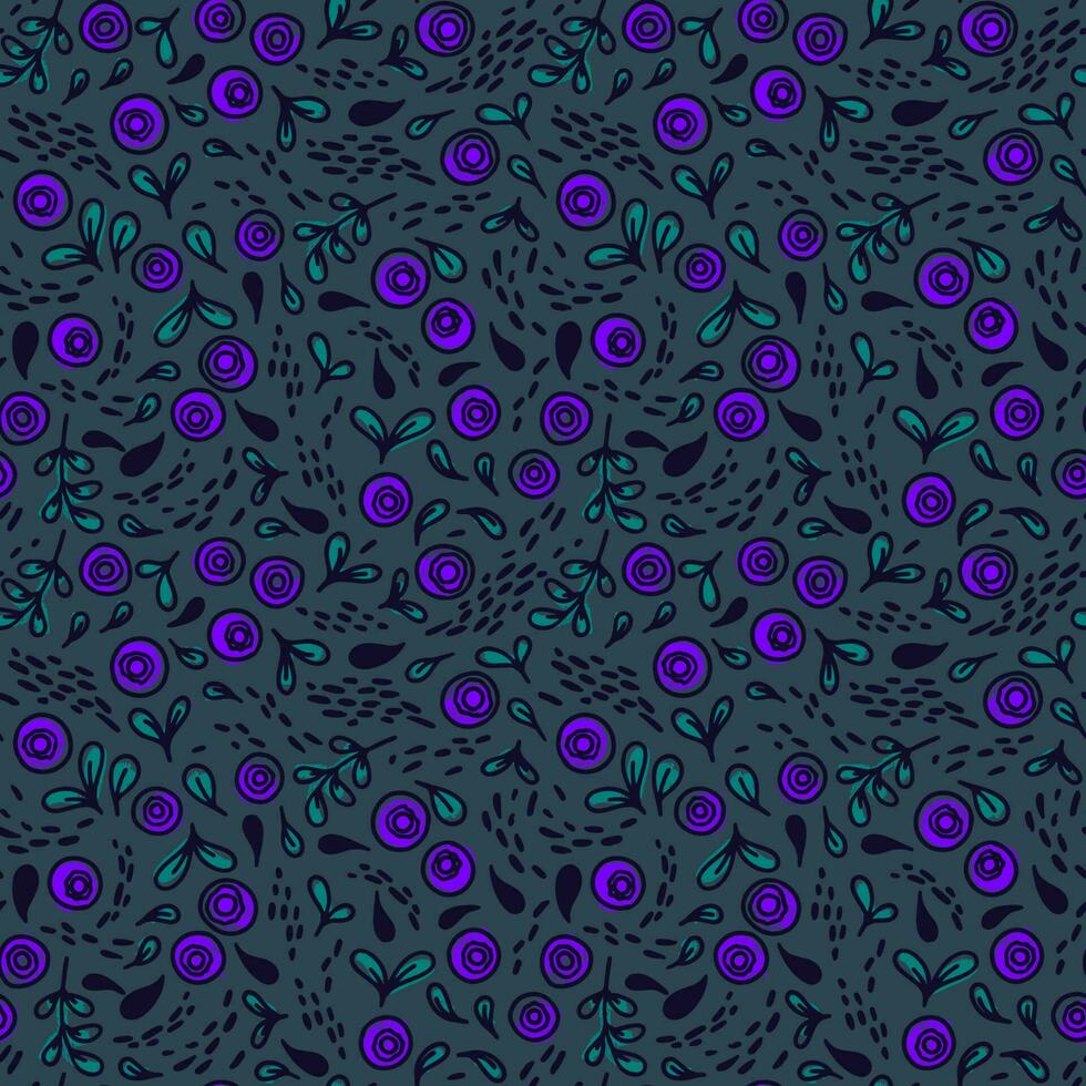 Vector seamless pattern with hand drawn colorful blueberries on dark background. Design for wallpaper, background, print, textile design, notebooks, phone cases, packaging paper, and more.