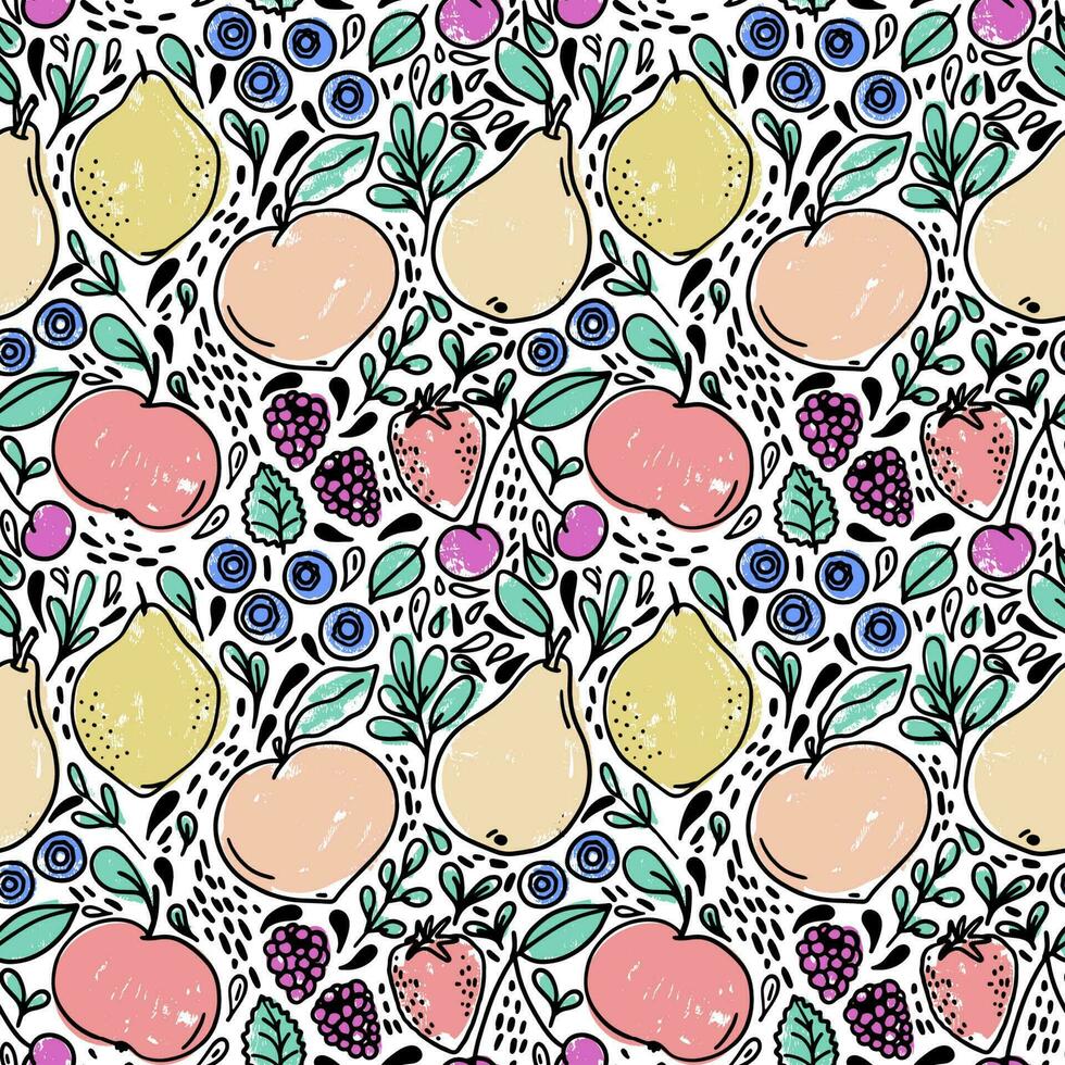 Fruits and berries hand drawn vector seamless pattern. Colorful summer background. Wallpaper with botanical elements.