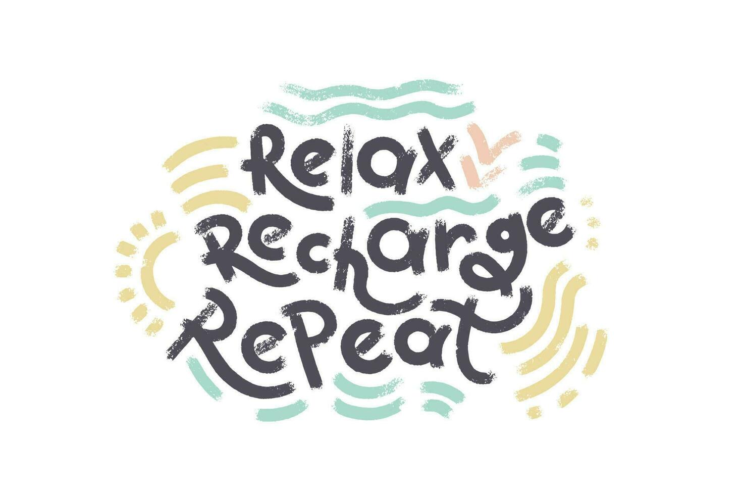 Relax Recharge Repeat woards lettering composition. Vector horizontal typography banner with sun and waves shapes for vacation and summer holidays printable and web materials.