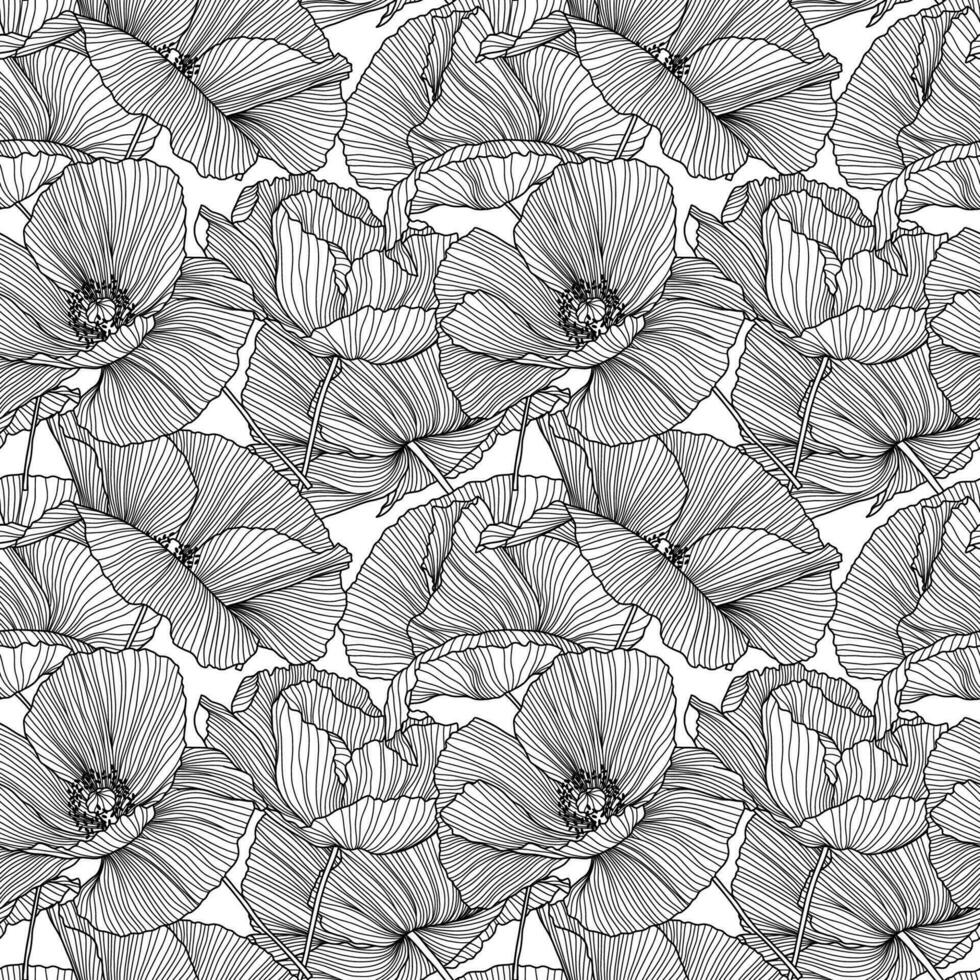 Vector seamless pattern with hand drawing wild flowers, linear black and white botanical illustration, floral elements, hand drawn repeatable background. Artistic backdrop.