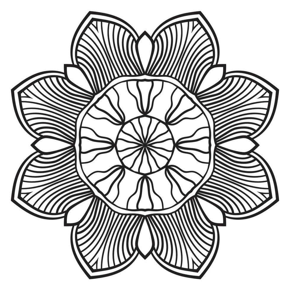 Black outline flower mandala. Doodle round decorative element for coloring book isolated on white background. Floral geometric circle. vector