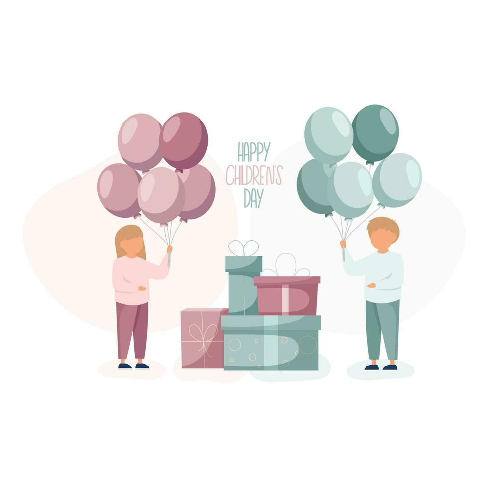 Children standing near gift boxes, holding balloons. Little boy and girl celebrating birthday. Happy childrens day vector