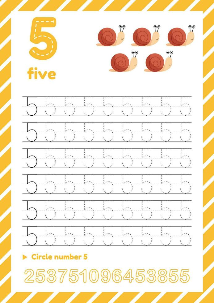 Number tracing worksheet for kids education. Learning numbers pages. Number five vector