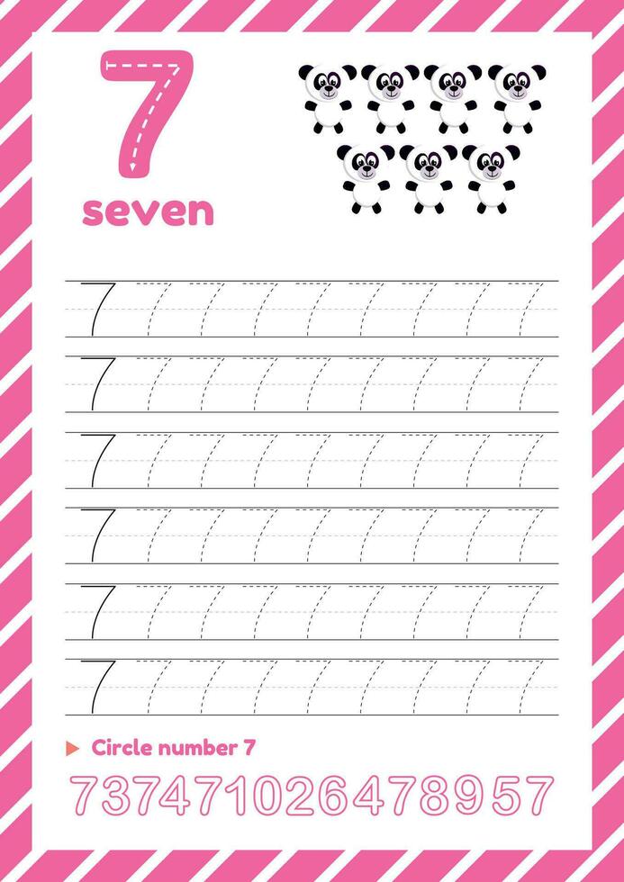 Number tracing worksheet for kids education. Learning numbers pages. Number seven vector
