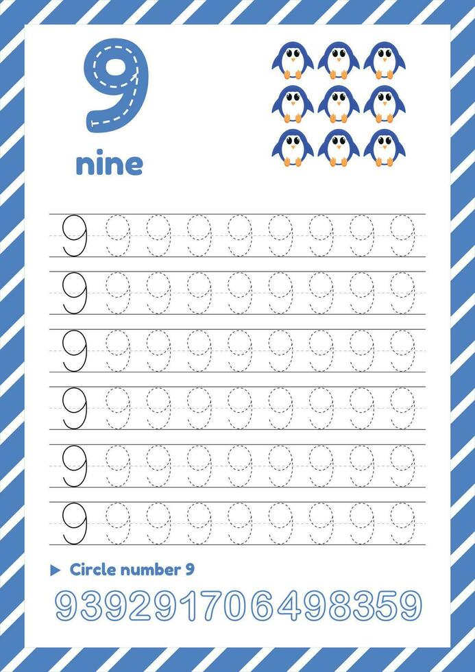 Number tracing worksheet for kids education. Learning numbers pages. Number nine vector