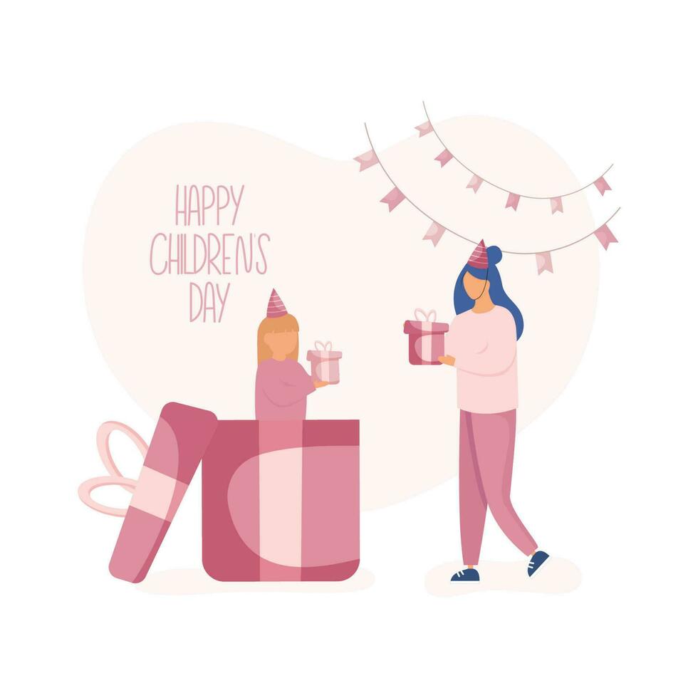 Mom gives a little present for her daughter for childrens day. Little girl holding gift, standing in huge gift box. Happy birthday concept vector