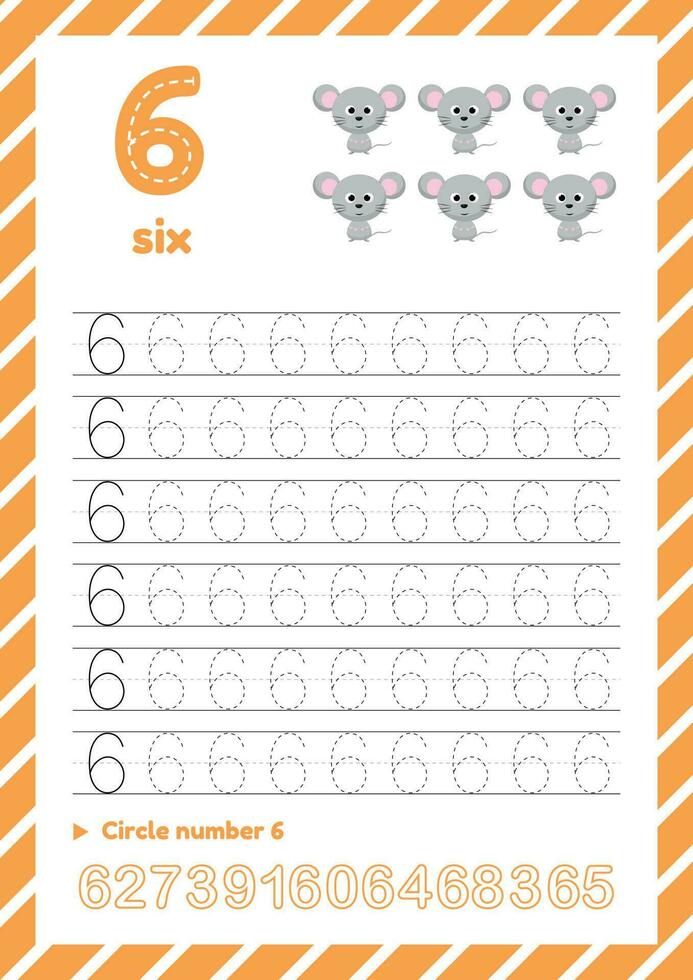 Number tracing worksheet for kids education. Learning numbers pages. Number six vector