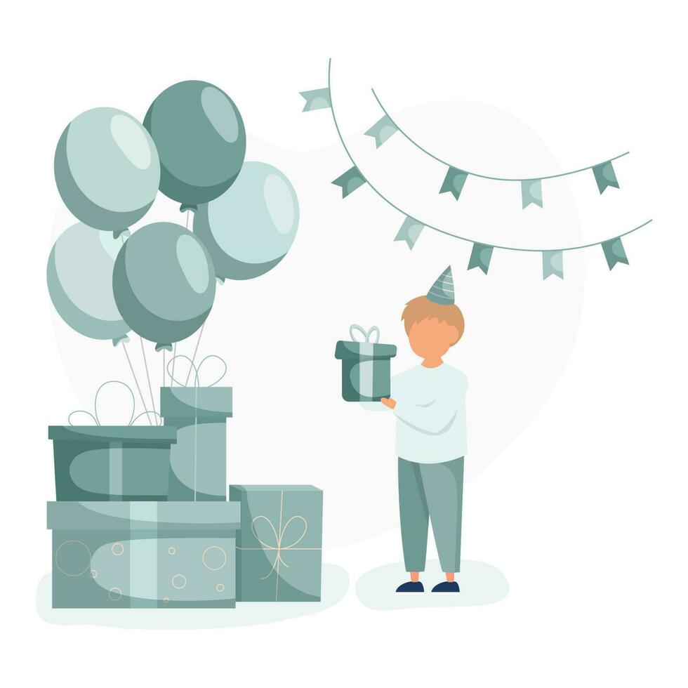 Little boy standing near gift boxex with big balloons, holding tiny present for birthday party. Happy childrens day vector