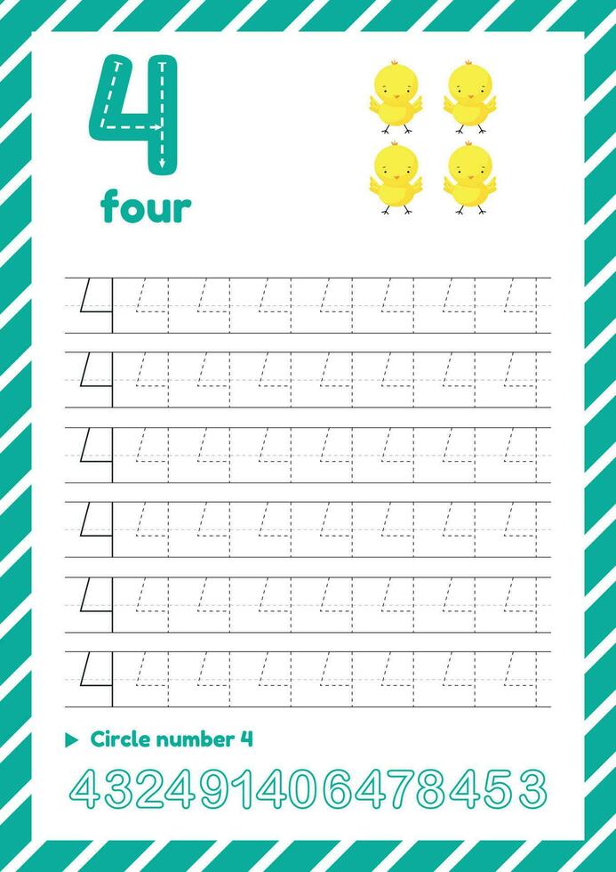 Number tracing worksheet for kids education. Learning numbers pages. Number four vector